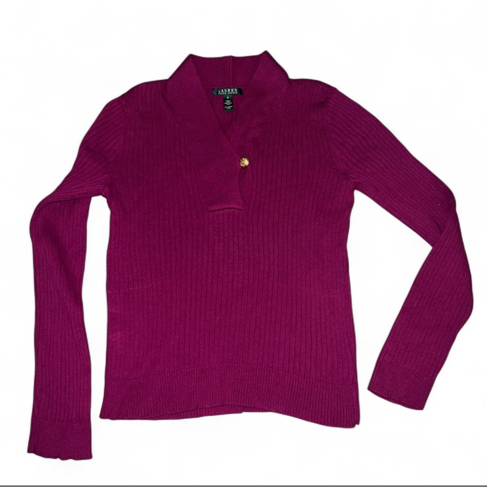 Lauren Ralph Lauren Women's Ribbed Sweater Raspberry Gold Button Detail